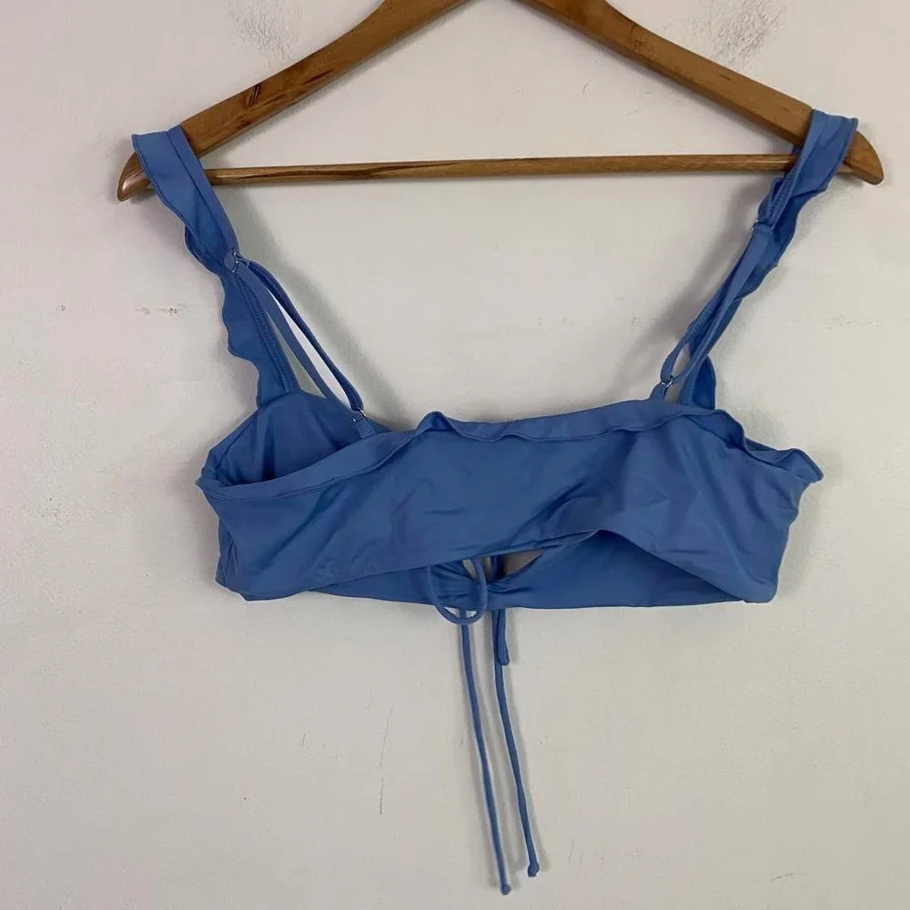 Frankie's Bikinis Blue ruffle front tie Bikini Top